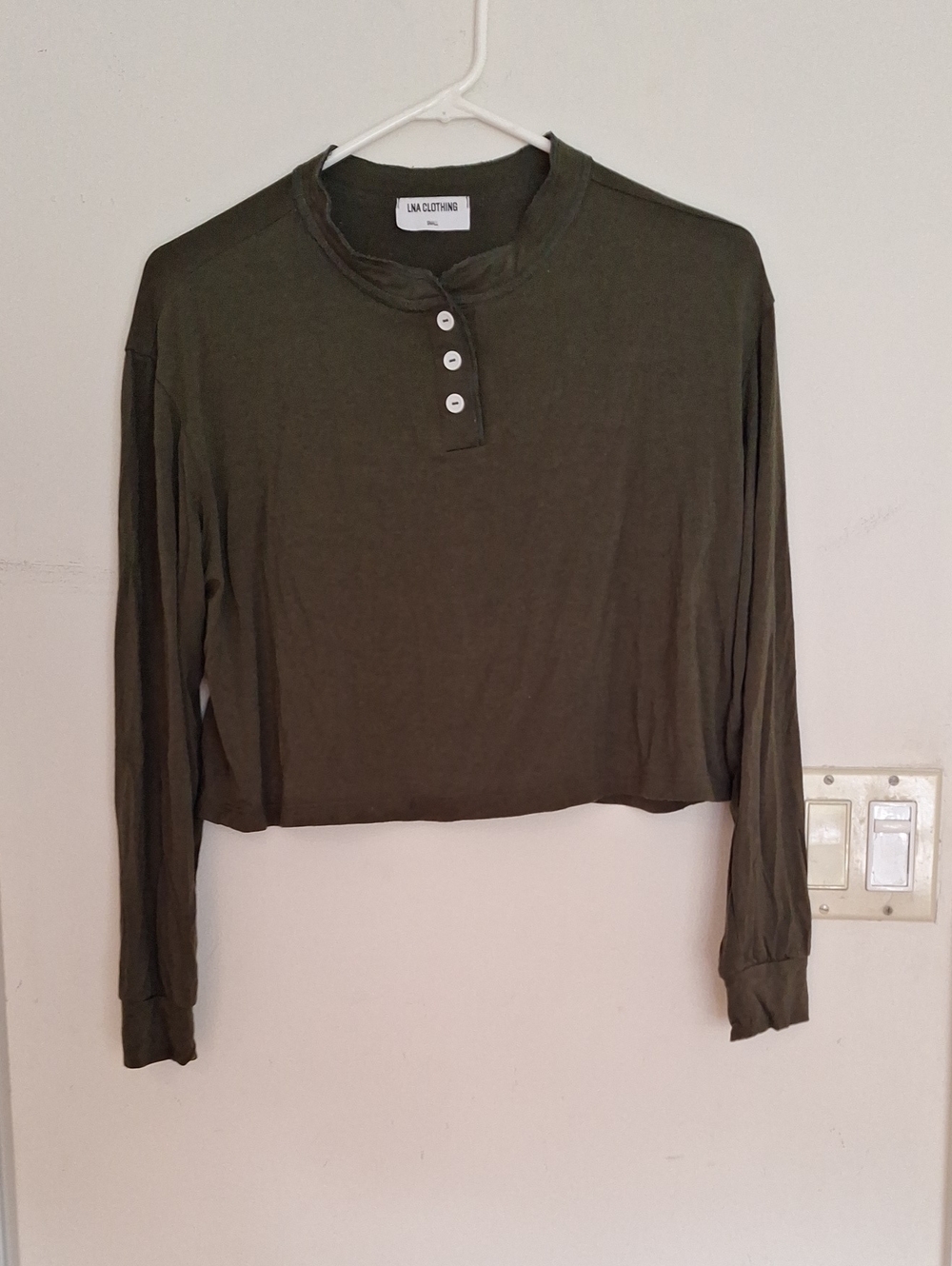 LNA Clothing Olive Long Sleeve Henley Crop Top 3 Buttons Stretchy